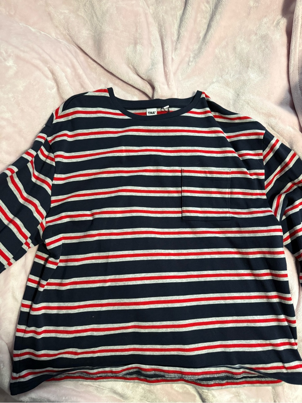 BNWT TNA  Navy, Red & White Striped Pocket Flectch Top